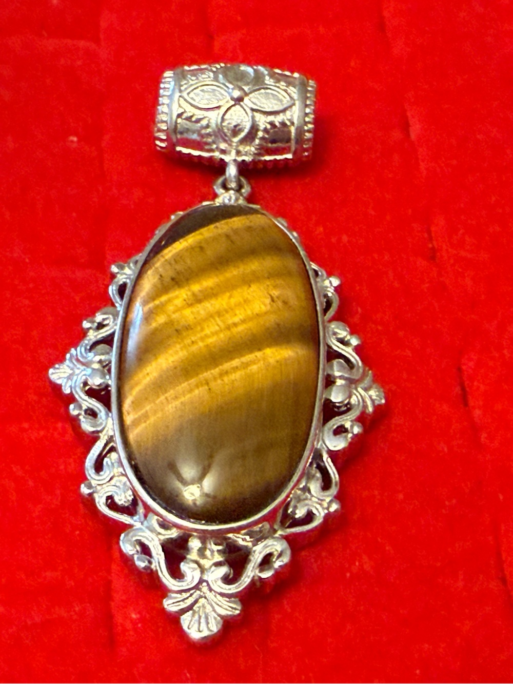 Silvertone Tiger Eye Silver Filigree Pendant- Brown